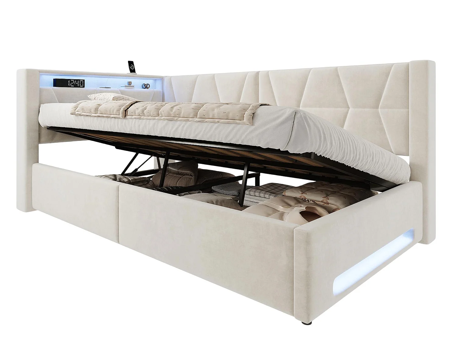 Lit Coffre Banquette Gain de Place avec Niche, USB/Type-C, LED & Coffre Hydraulique – La Solution Idéale pour Petite Chambre (Beige/Gris, 90x200/140x200)