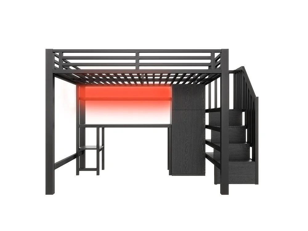 Lit mezzanine métallique 140x200 cm, bureau, étagère, armoire, escalier rangement, LED, noir