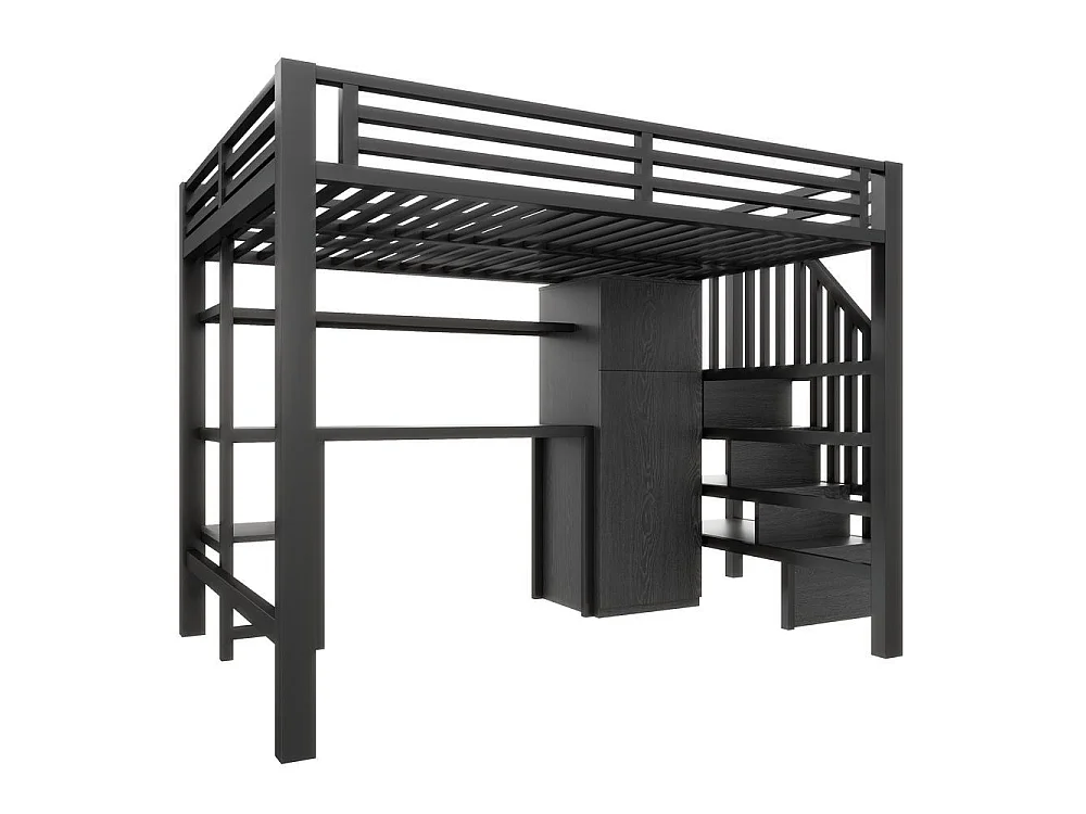 Lit mezzanine métallique 140x200 cm, bureau, étagère, armoire, escalier rangement, LED, noir