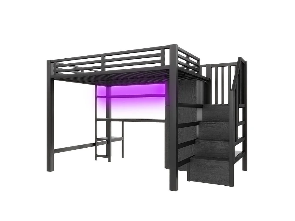 Lit mezzanine métallique 140x200 cm, bureau, étagère, armoire, escalier rangement, LED, noir
