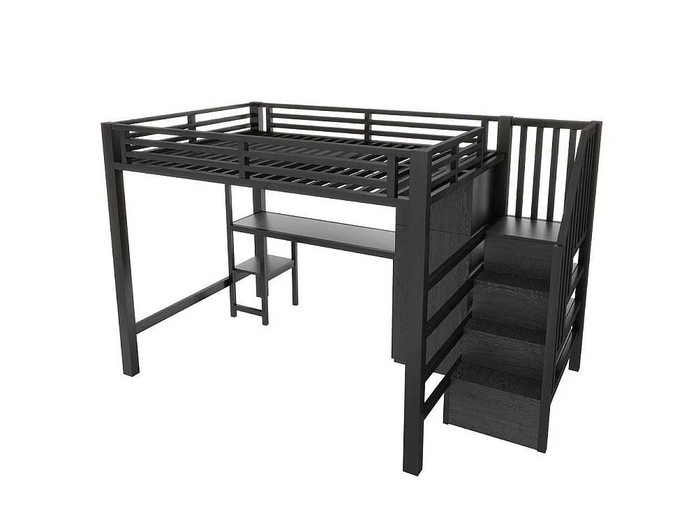 Lit mezzanine métallique 140x200 cm, bureau, étagère, armoire, escalier rangement, LED, noir