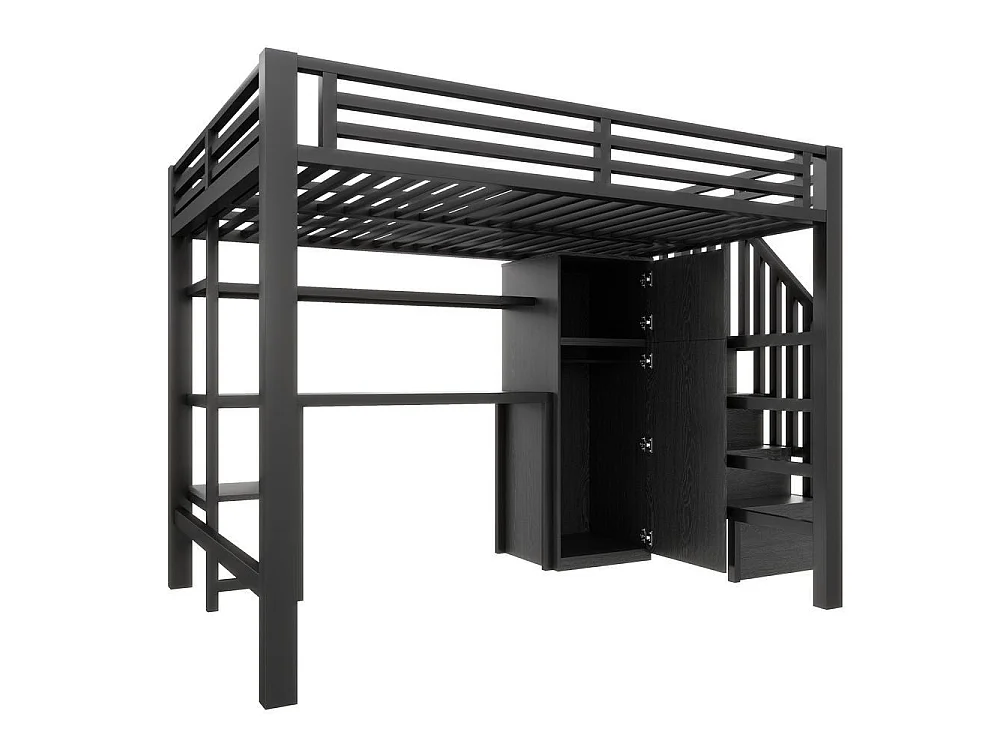 Lit mezzanine métallique 140x200 cm, bureau, étagère, armoire, escalier rangement, LED, noir