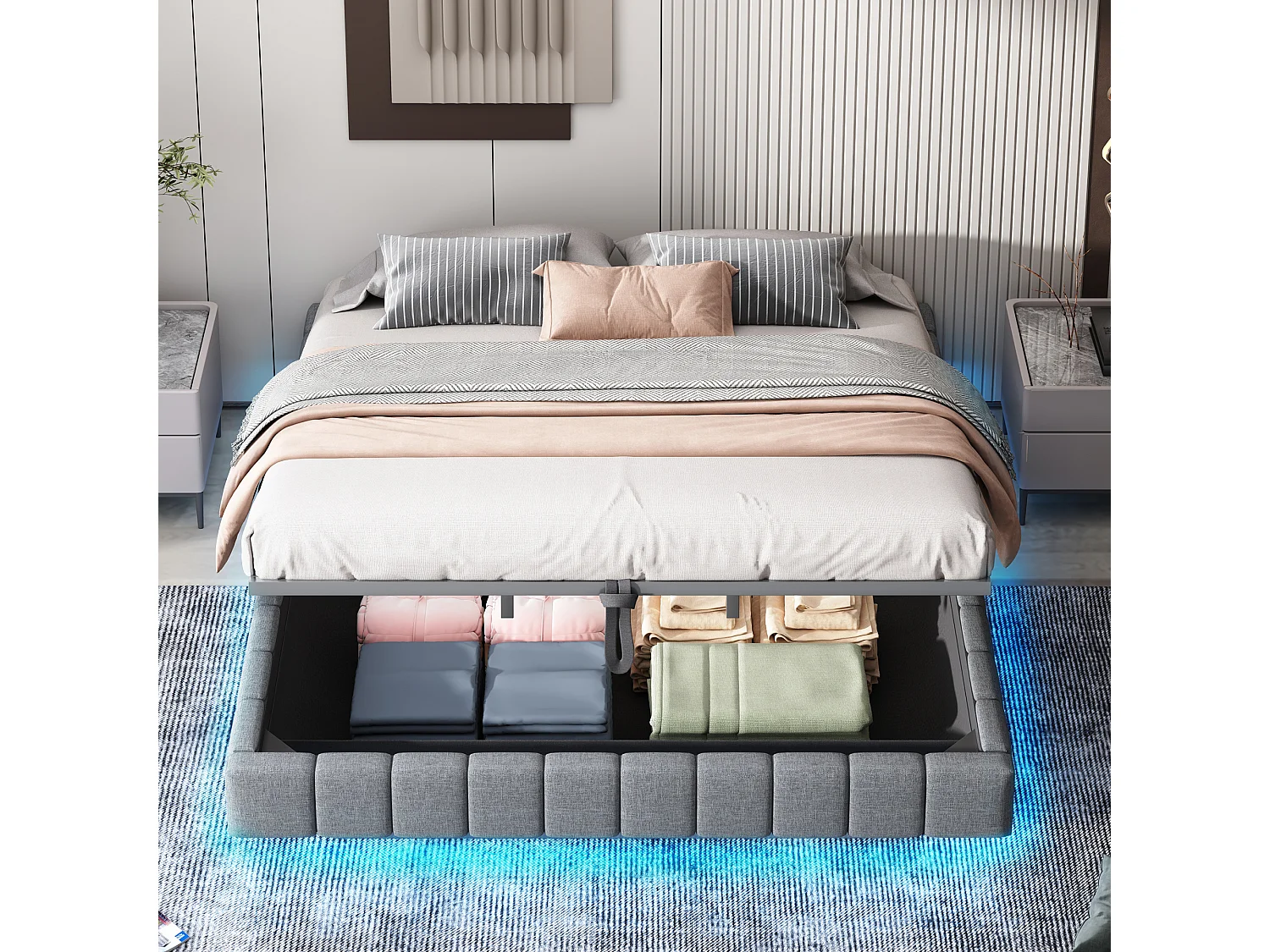 Lit tapissier suspendu multifonction 180x200 cm avec rangement hydraulique, LED intégrée, sans tête de lit, lin gris