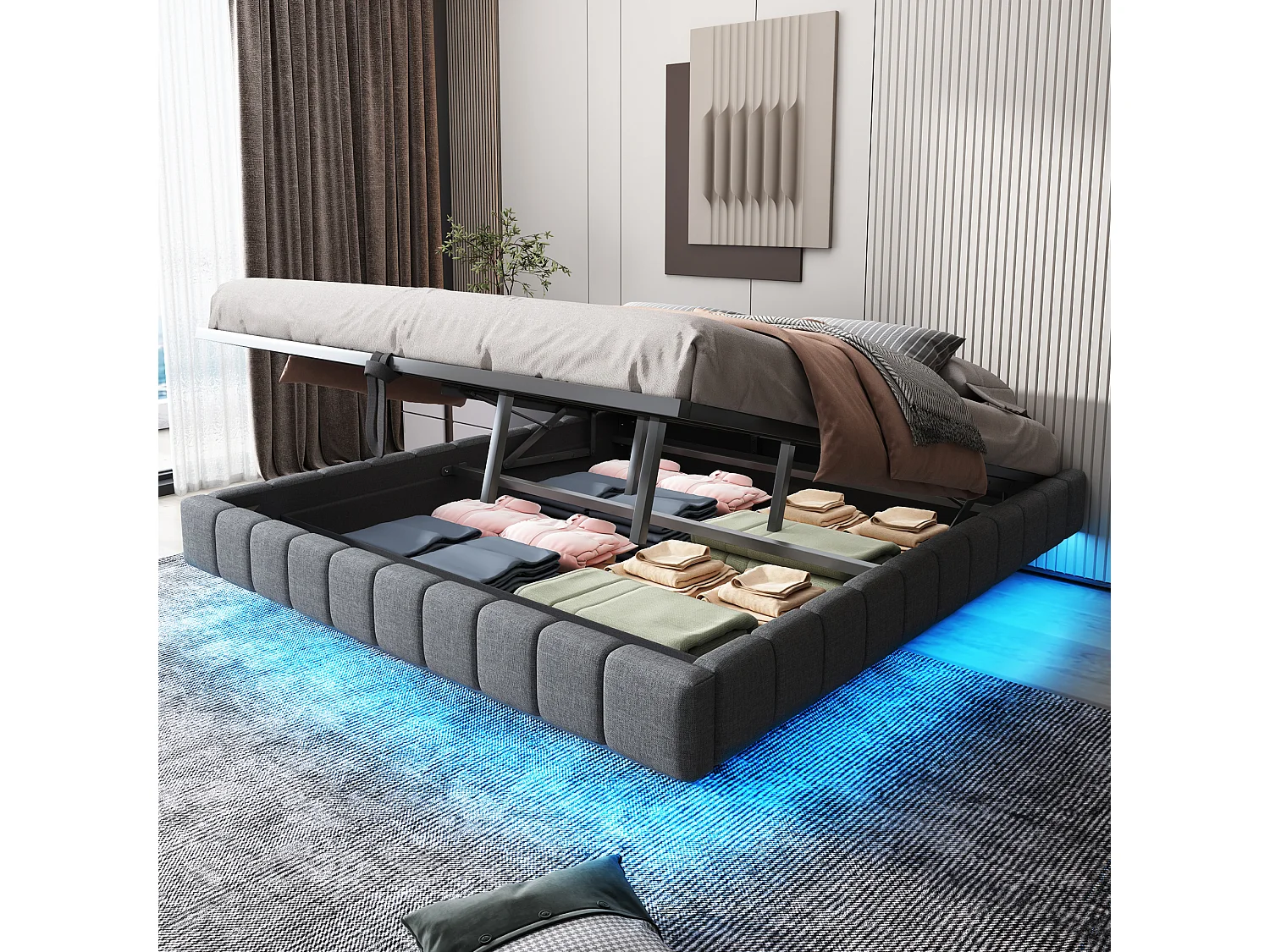 Lit tapissier suspendu multifonction 180x200 cm avec rangement hydraulique, LED intégrée, sans tête de lit, lin gris