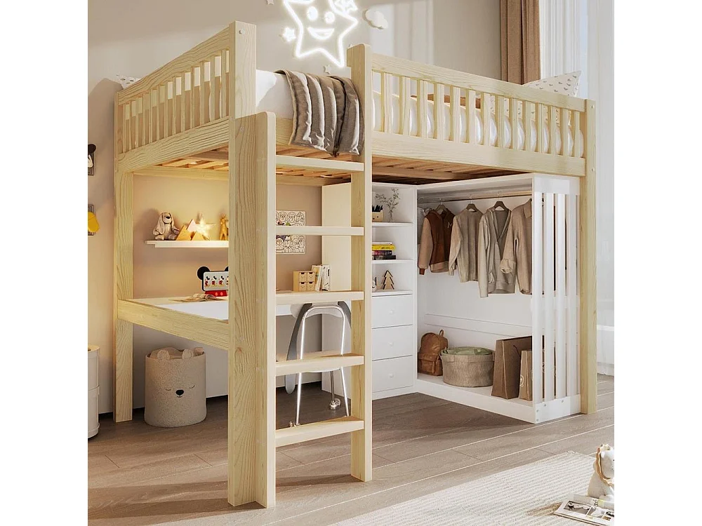 Lit mezzanine 140x200 cm en bois, avec bureau, armoire, 3 tiroirs, rangement ouvert, garde-corps, escalier, cadre pin et MDF,naturel