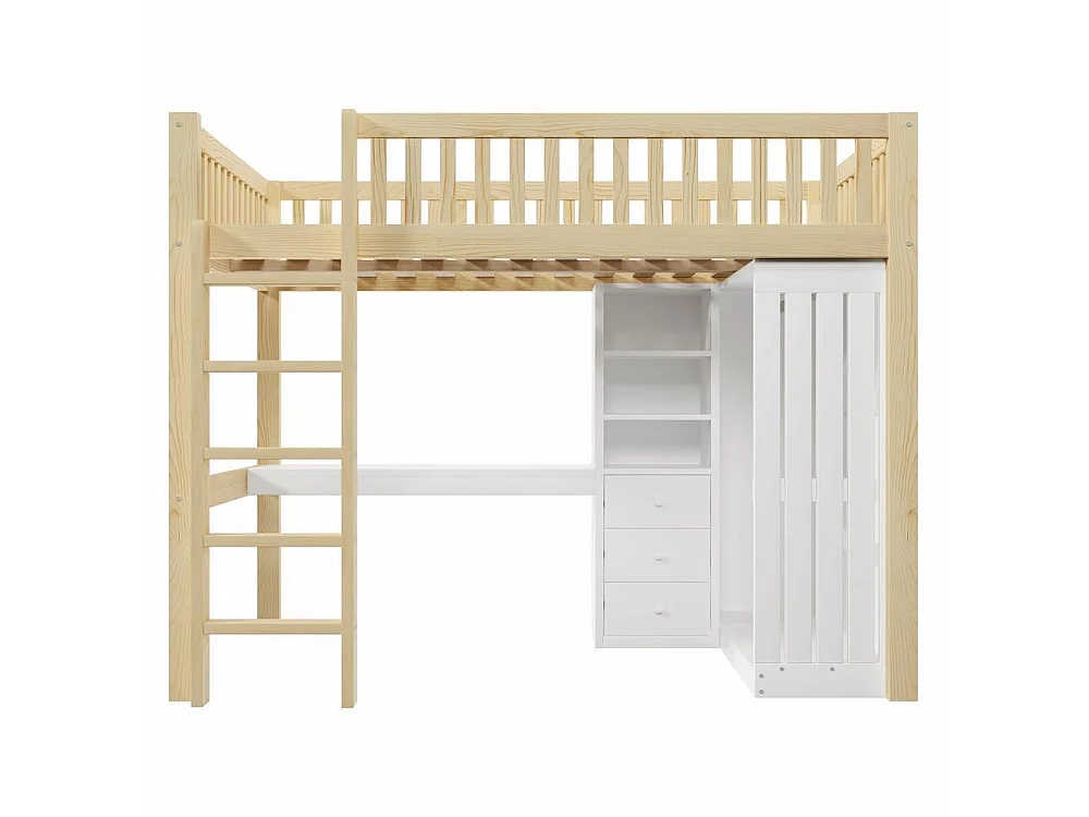 Lit mezzanine 140x200 cm en bois, avec bureau, armoire, 3 tiroirs, rangement ouvert, garde-corps, escalier, cadre pin et MDF,naturel