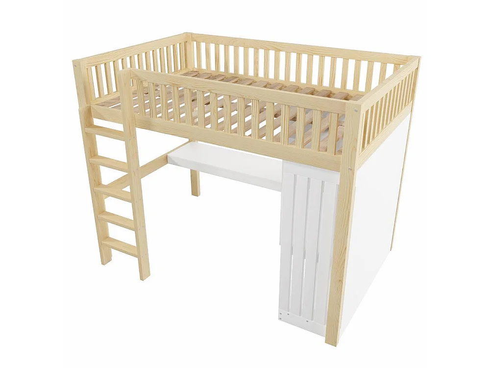 Lit mezzanine 140x200 cm en bois, avec bureau, armoire, 3 tiroirs, rangement ouvert, garde-corps, escalier, cadre pin et MDF,naturel