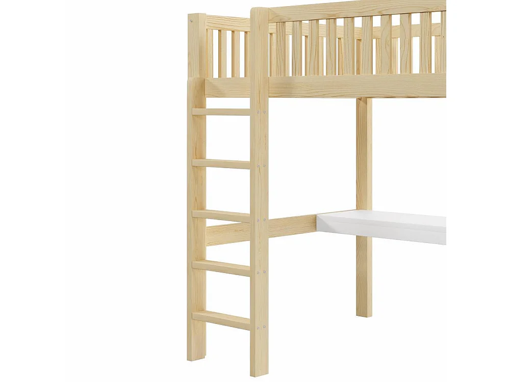 Lit mezzanine 140x200 cm en bois, avec bureau, armoire, 3 tiroirs, rangement ouvert, garde-corps, escalier, cadre pin et MDF,naturel