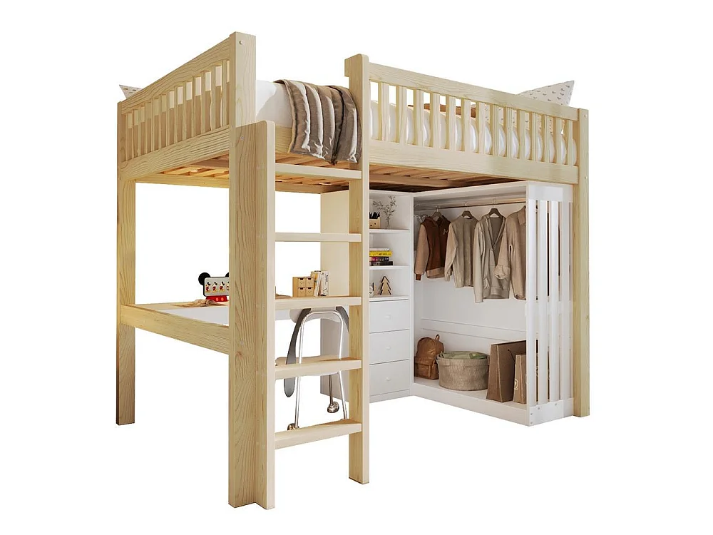 Lit mezzanine 140x200 cm en bois, avec bureau, armoire, 3 tiroirs, rangement ouvert, garde-corps, escalier, cadre pin et MDF,naturel