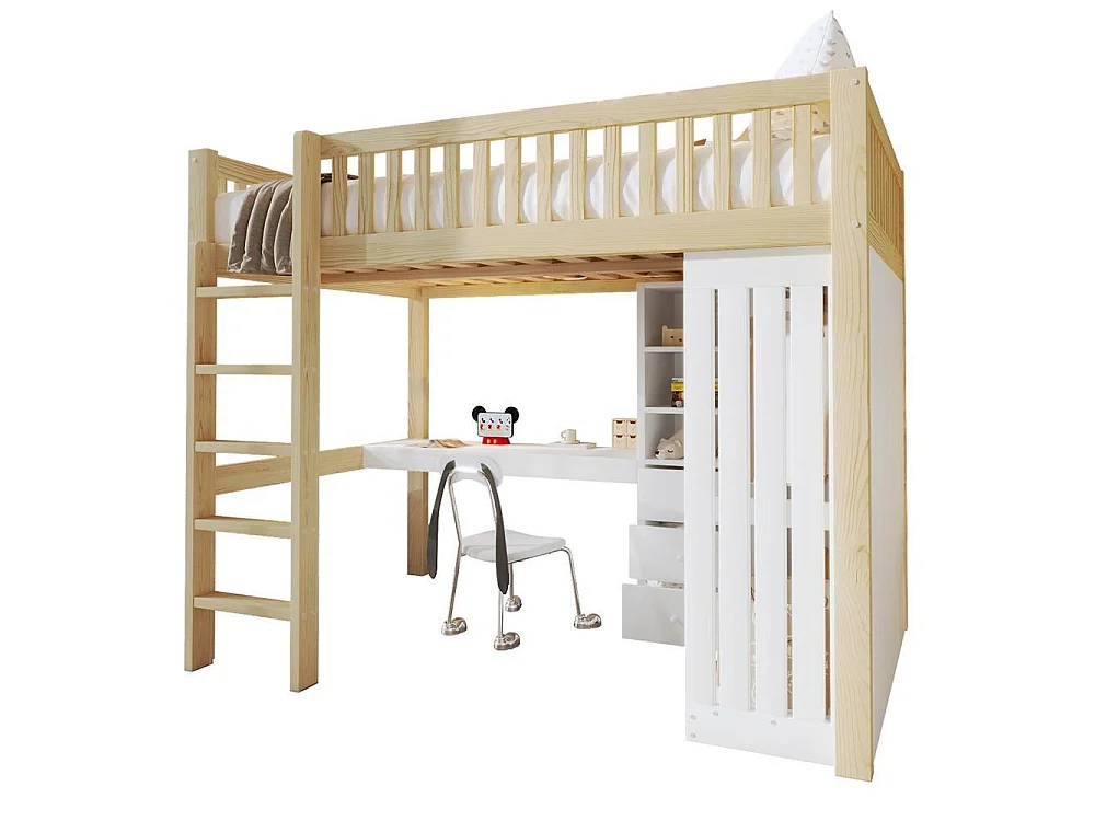 Lit mezzanine 140x200 cm en bois, avec bureau, armoire, 3 tiroirs, rangement ouvert, garde-corps, escalier, cadre pin et MDF,naturel
