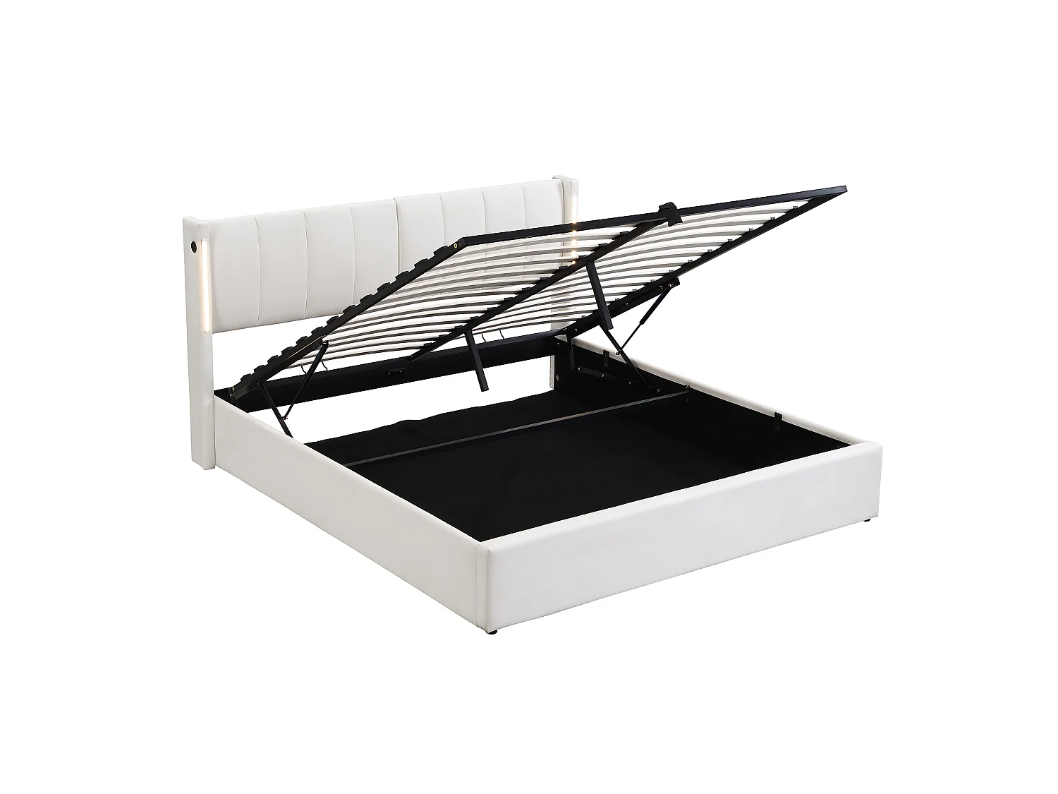 Lit Rembourré LED 140x190 cm avec Rangement Hydraulique, Tête de Lit Réglable 3 Positions, Port USB Type-C Rechargeable, Blanc