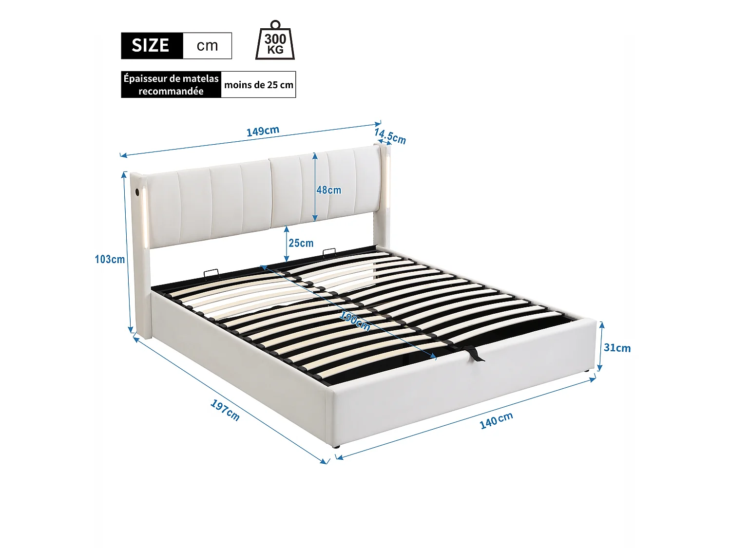 Lit Rembourré LED 140x190 cm avec Rangement Hydraulique, Tête de Lit Réglable 3 Positions, Port USB Type-C Rechargeable, Blanc