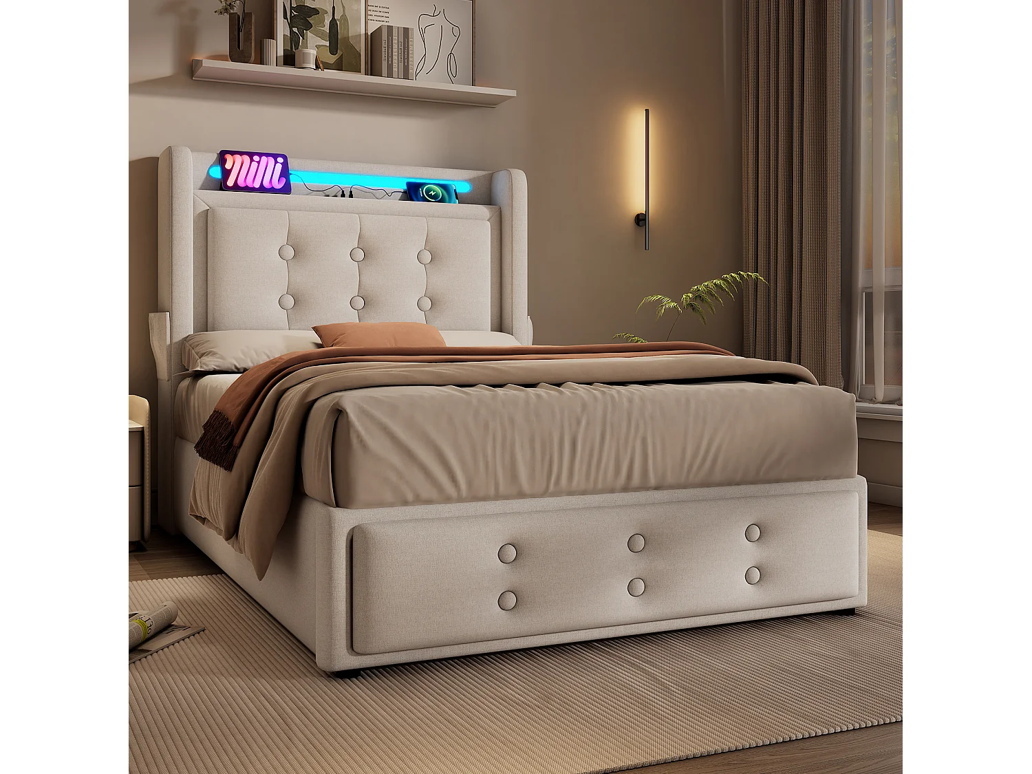 Lit simple 90x200 cm en coton avec tête de lit LED et USB C, rangement hydraulique, sommier à lattes, beige