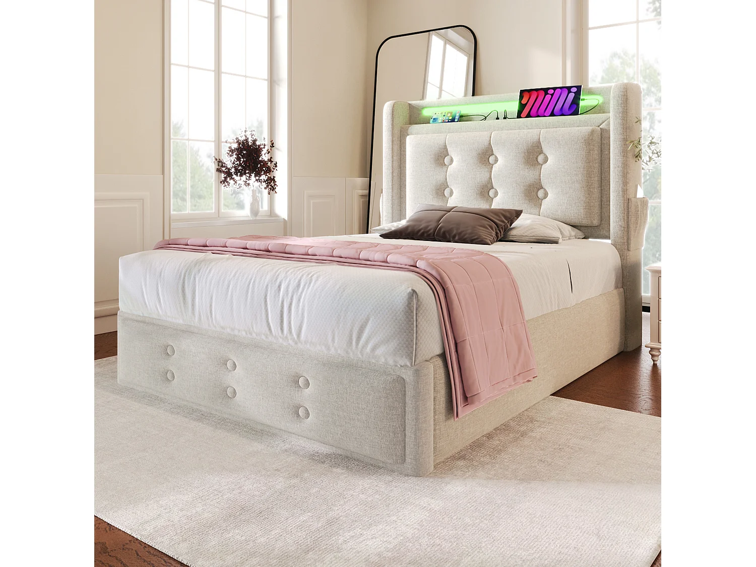 Lit simple 90x200 cm en coton avec tête de lit LED et USB C, rangement hydraulique, sommier à lattes, beige