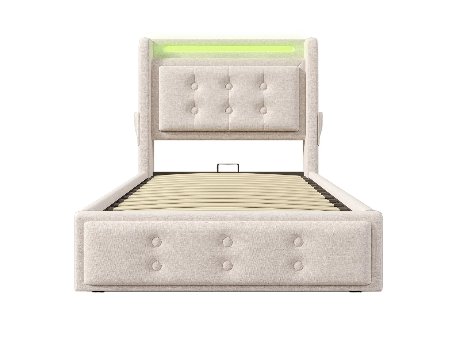 Lit simple 90x200 cm en coton avec tête de lit LED et USB C, rangement hydraulique, sommier à lattes, beige