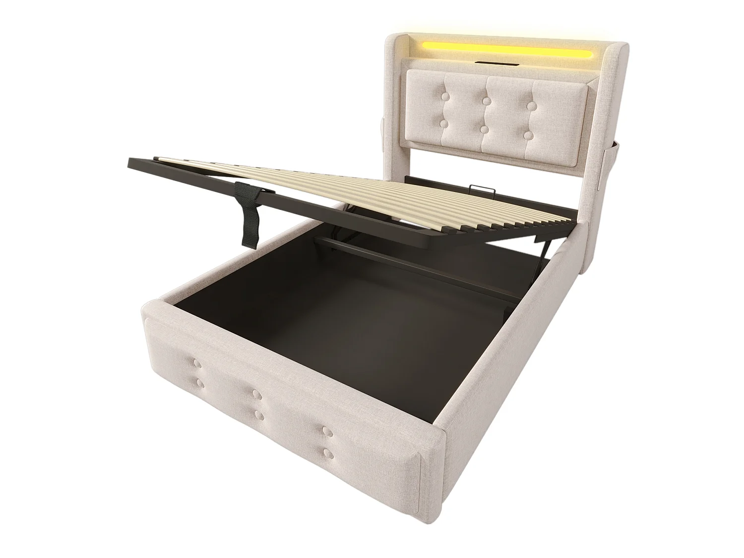 Lit simple 90x200 cm en coton avec tête de lit LED et USB C, rangement hydraulique, sommier à lattes, beige