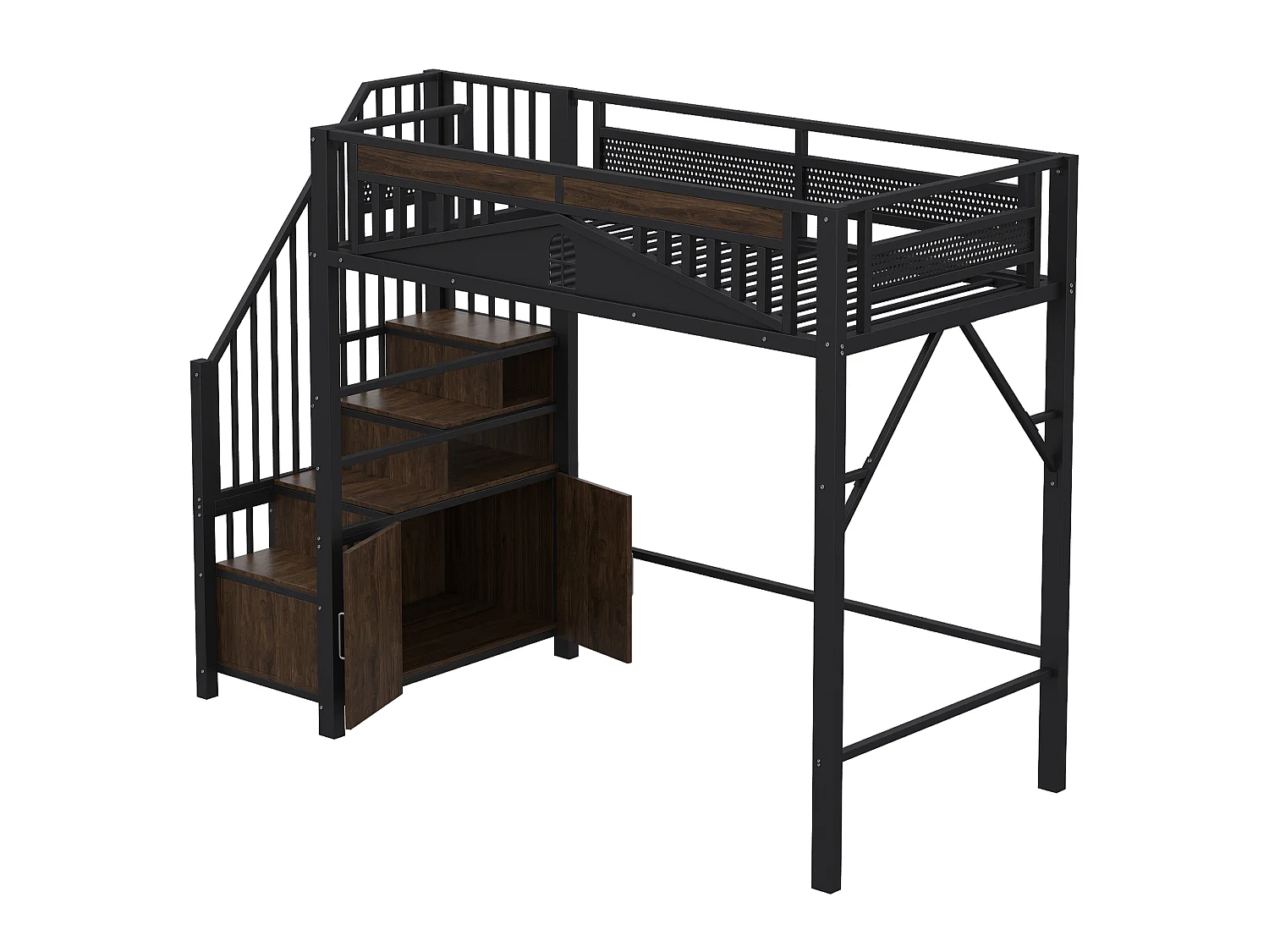 Lit mezzanine en métal 90x200 cm noir, avec escalier de rangement, armoire intégrée et barrière de sécurité fenêtre