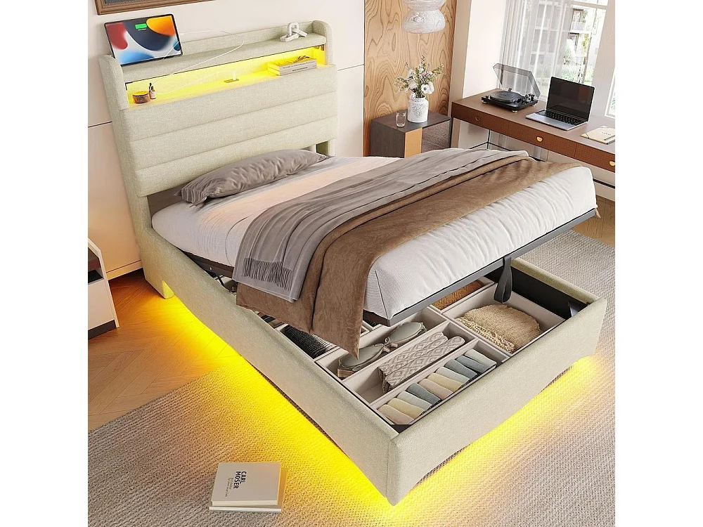Lit capitonné 90x200 cm, LED intelligente, rangement hydraulique, ports USB et USB-C, étagère, tissu lin, cadre métal et MDF, beige