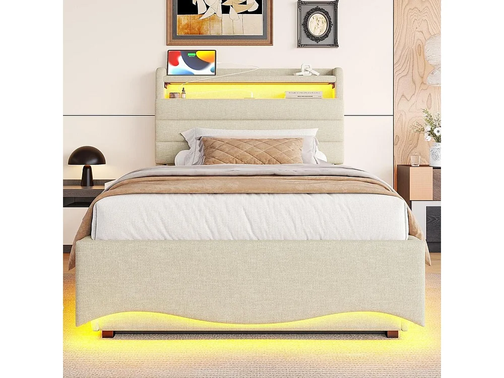 Lit capitonné 90x200 cm, LED intelligente, rangement hydraulique, ports USB et USB-C, étagère, tissu lin, cadre métal et MDF, beige