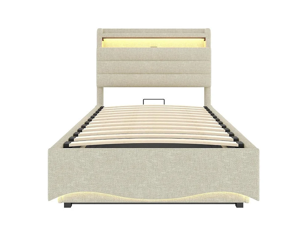 Lit capitonné 90x200 cm, LED intelligente, rangement hydraulique, ports USB et USB-C, étagère, tissu lin, cadre métal et MDF, beige