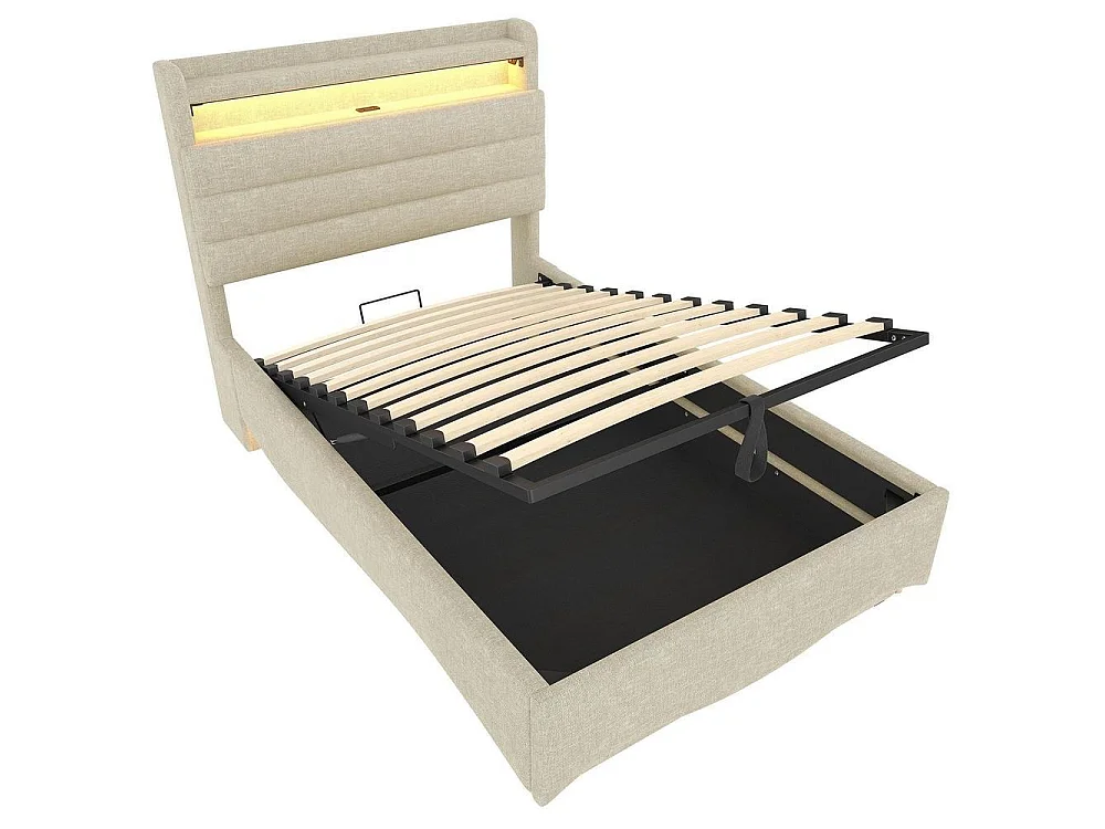 Lit capitonné 90x200 cm, LED intelligente, rangement hydraulique, ports USB et USB-C, étagère, tissu lin, cadre métal et MDF, beige