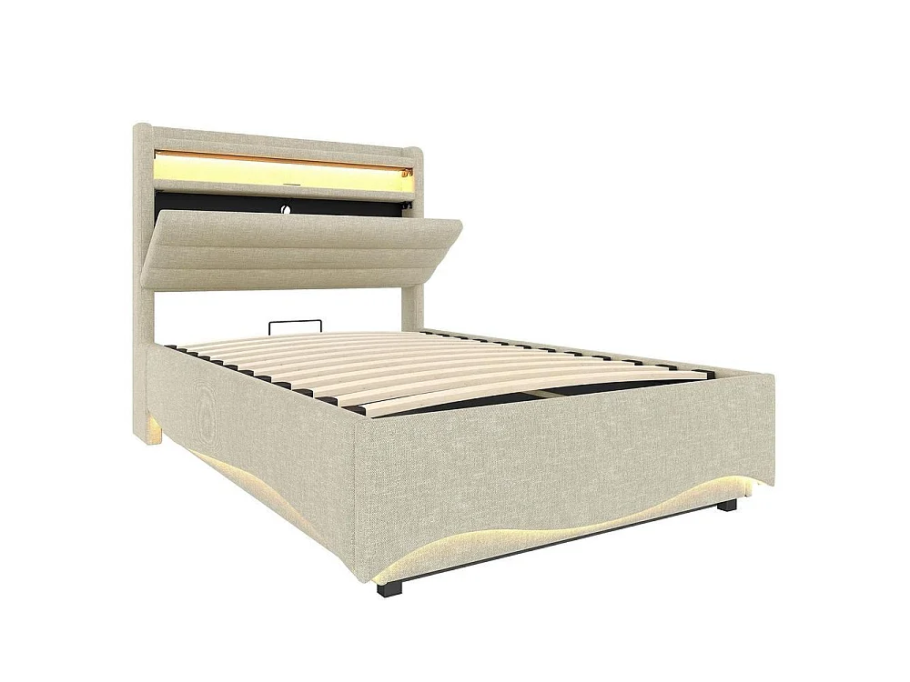 Lit capitonné 90x200 cm, LED intelligente, rangement hydraulique, ports USB et USB-C, étagère, tissu lin, cadre métal et MDF, beige