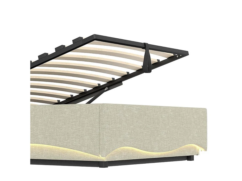 Lit capitonné 90x200 cm, LED intelligente, rangement hydraulique, ports USB et USB-C, étagère, tissu lin, cadre métal et MDF, beige