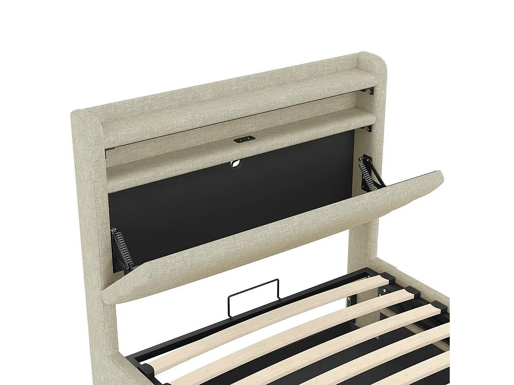 Lit capitonné 90x200 cm, LED intelligente, rangement hydraulique, ports USB et USB-C, étagère, tissu lin, cadre métal et MDF, beige
