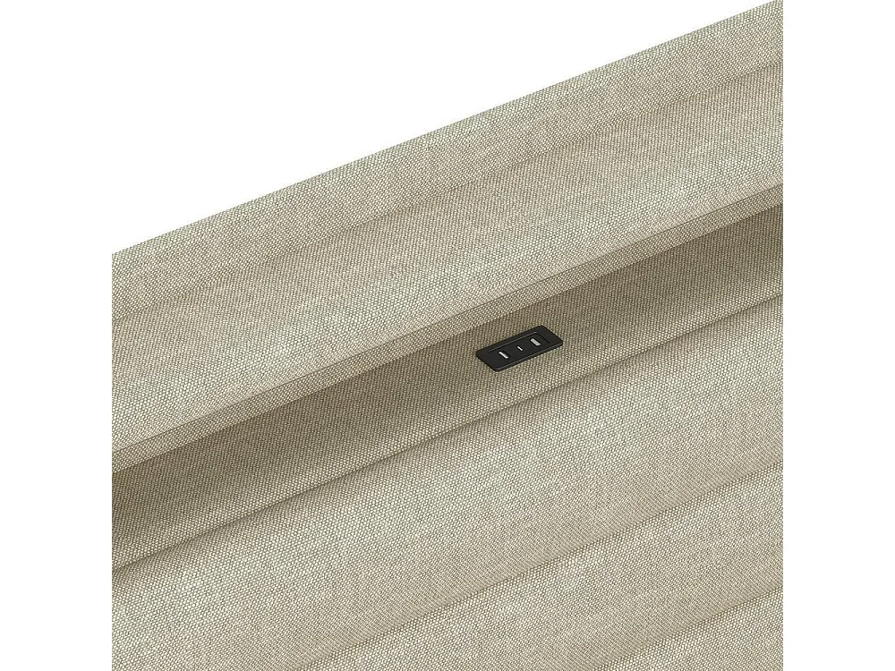 Lit capitonné 90x200 cm, LED intelligente, rangement hydraulique, ports USB et USB-C, étagère, tissu lin, cadre métal et MDF, beige