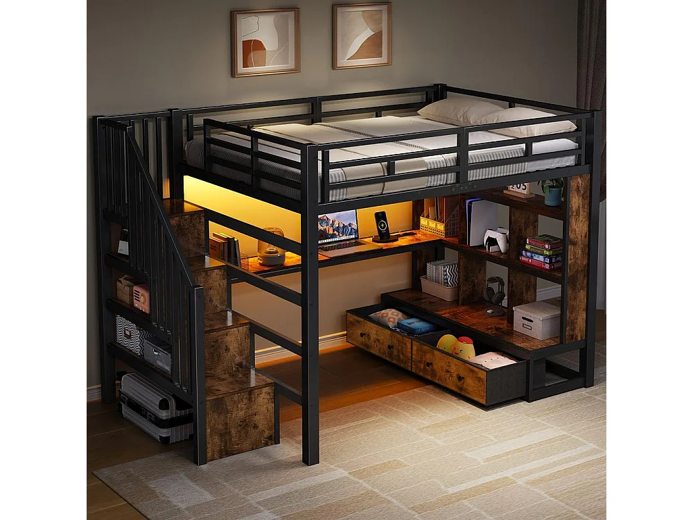 Lit mezzanine 140x200 cm métal avec bureau, étagères, 2 tiroirs intégrés, escalier rangement et LED couleur, noir