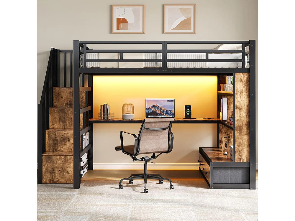 Lit mezzanine 140x200 cm métal avec bureau, étagères, 2 tiroirs intégrés, escalier rangement et LED couleur, noir