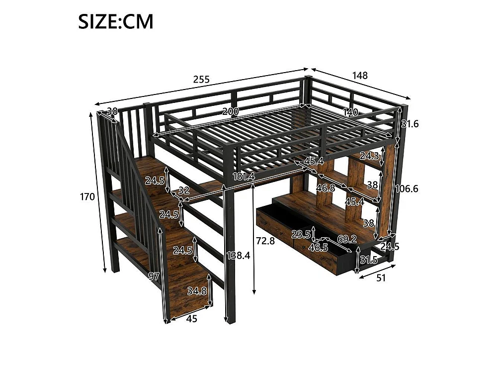 Lit mezzanine 140x200 cm métal avec bureau, étagères, 2 tiroirs intégrés, escalier rangement et LED couleur, noir