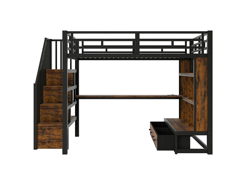 Lit mezzanine 140x200 cm métal avec bureau, étagères, 2 tiroirs intégrés, escalier rangement et LED couleur, noir