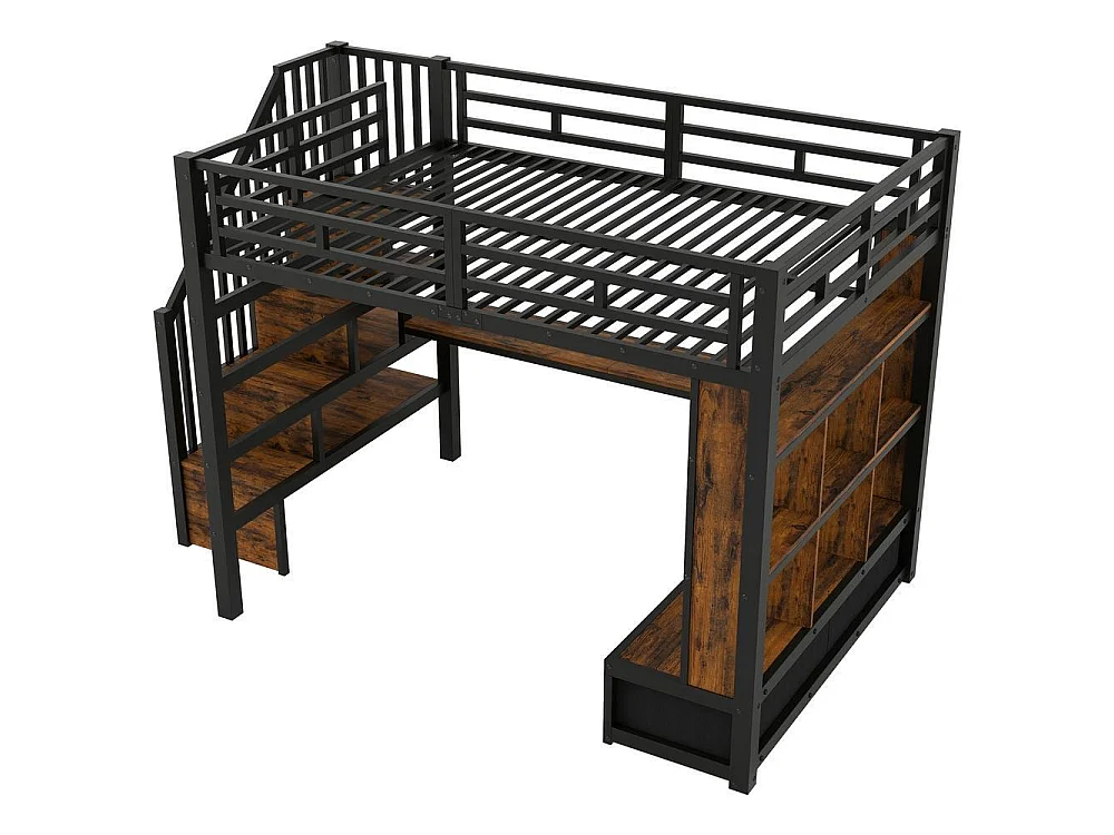 Lit mezzanine 140x200 cm métal avec bureau, étagères, 2 tiroirs intégrés, escalier rangement et LED couleur, noir