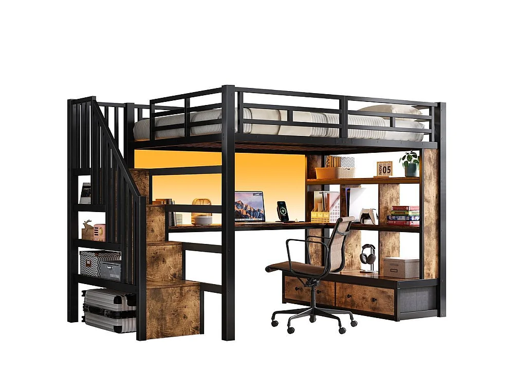 Lit mezzanine 140x200 cm métal avec bureau, étagères, 2 tiroirs intégrés, escalier rangement et LED couleur, noir