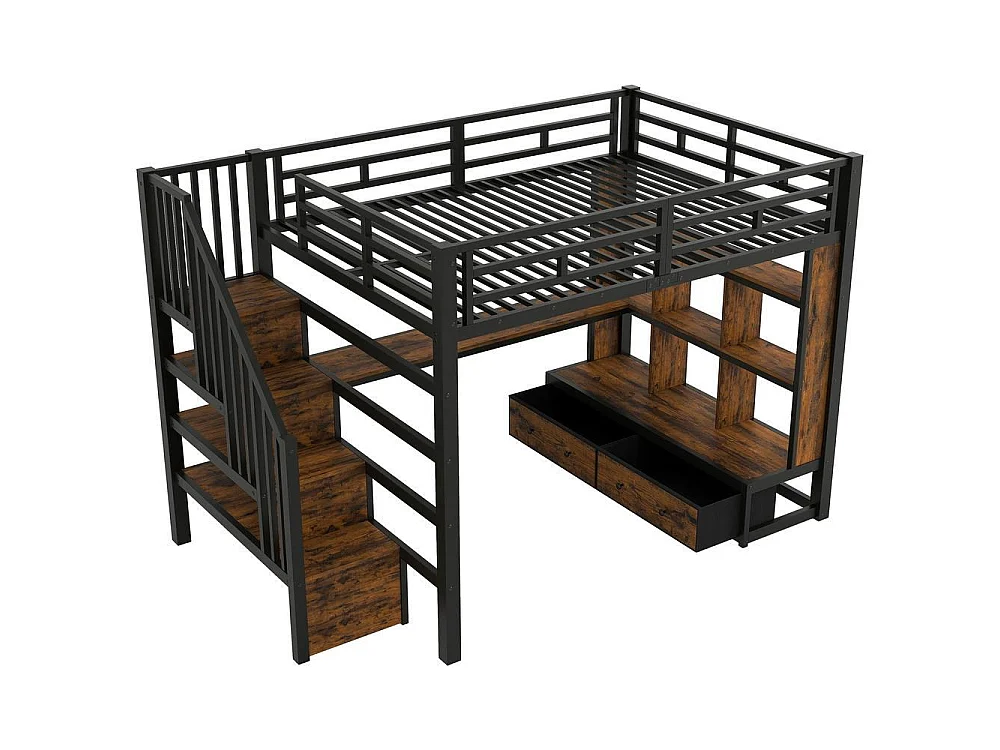 Lit mezzanine 140x200 cm métal avec bureau, étagères, 2 tiroirs intégrés, escalier rangement et LED couleur, noir