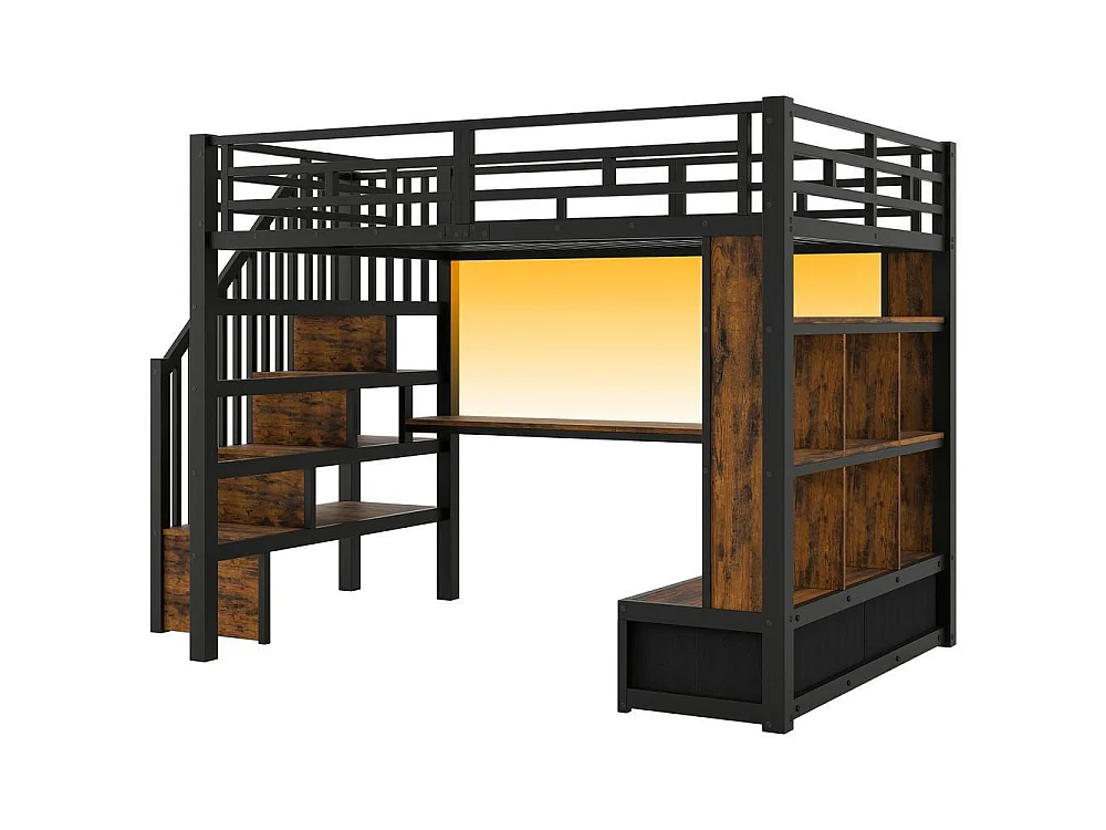Lit mezzanine 140x200 cm métal avec bureau, étagères, 2 tiroirs intégrés, escalier rangement et LED couleur, noir