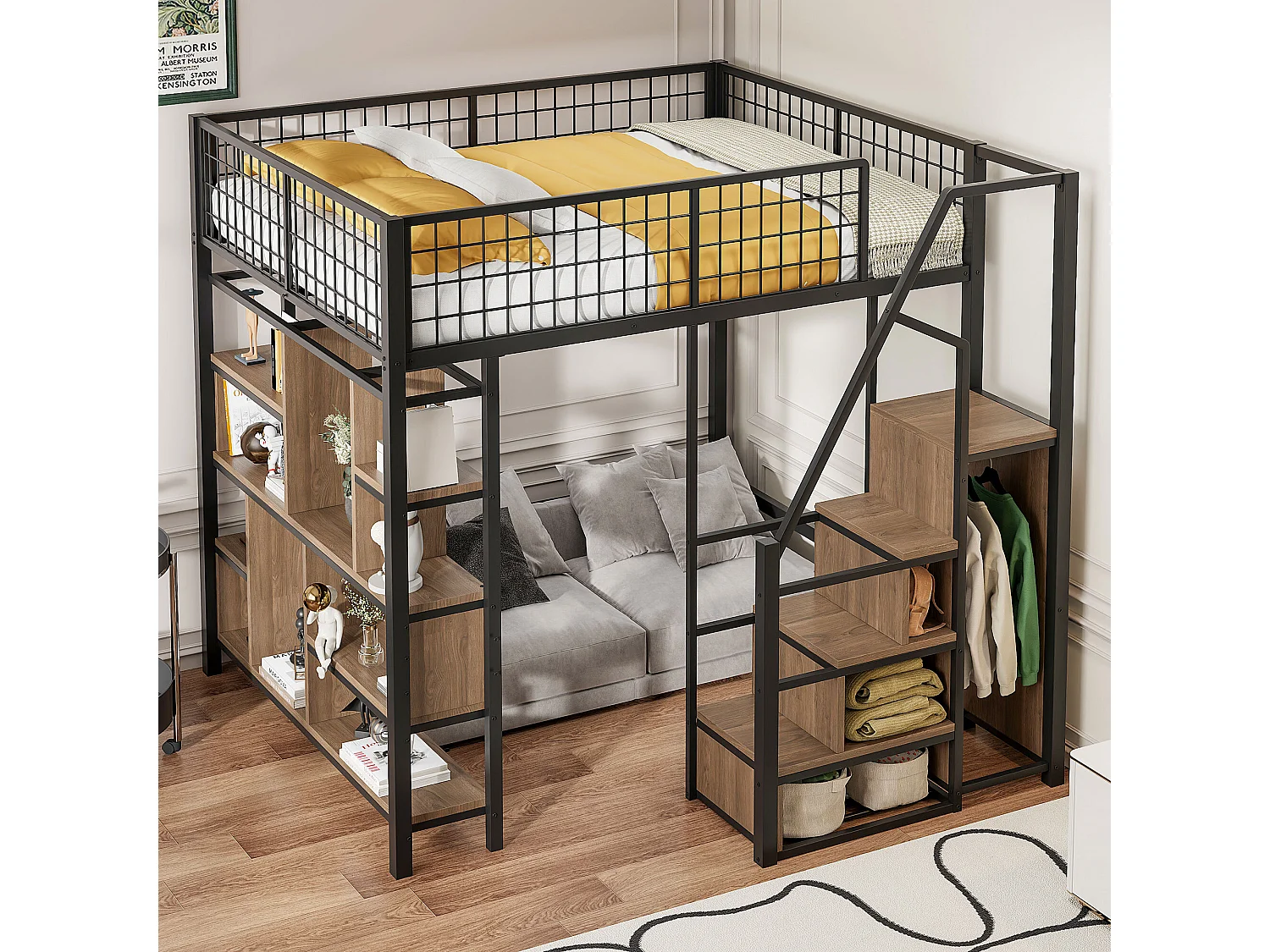 Lit Mezzanine multifonction 140 x 200 cm avec escalier de rangement, étagères, métal pour adulte et enfant, noir