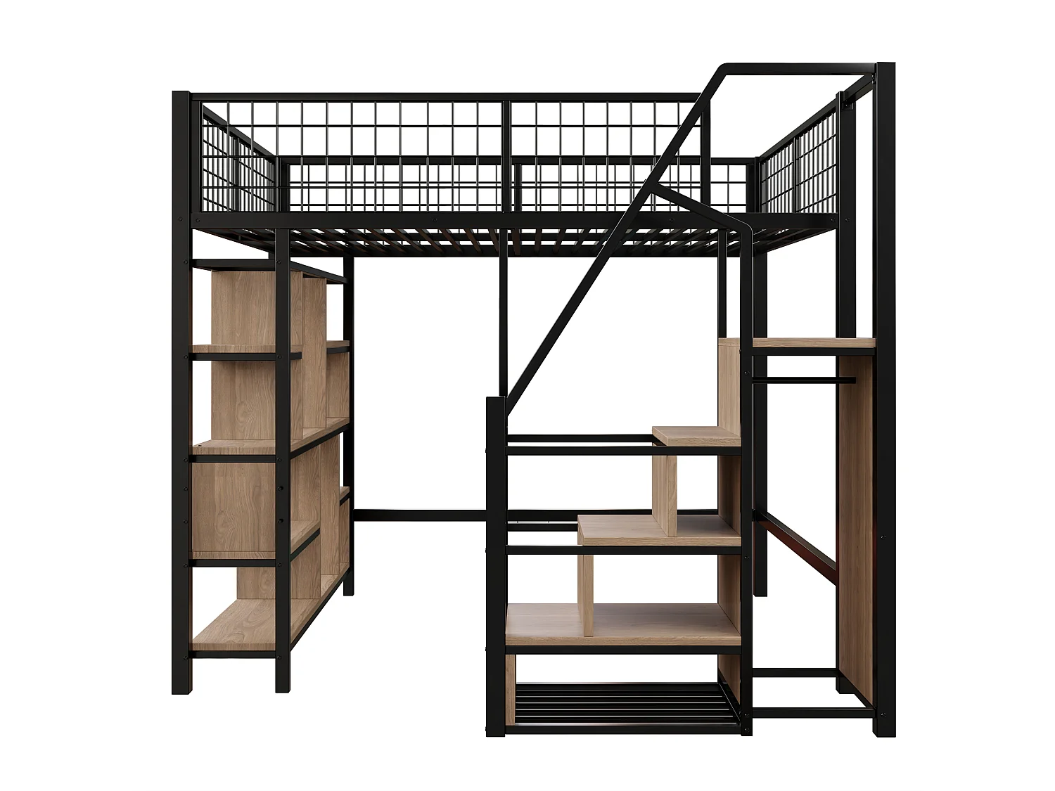 Lit Mezzanine multifonction 140 x 200 cm avec escalier de rangement, étagères, métal pour adulte et enfant, noir