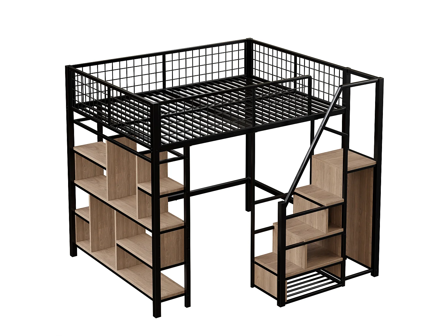 Lit Mezzanine multifonction 140 x 200 cm avec escalier de rangement, étagères, métal pour adulte et enfant, noir