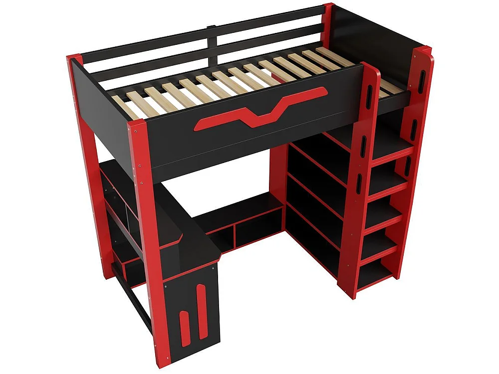 Lit mezzanine 90x200 cm, bureau, rangement à plusieurs niveaux, LED, escalier avec rangement, bois, moderne, noir