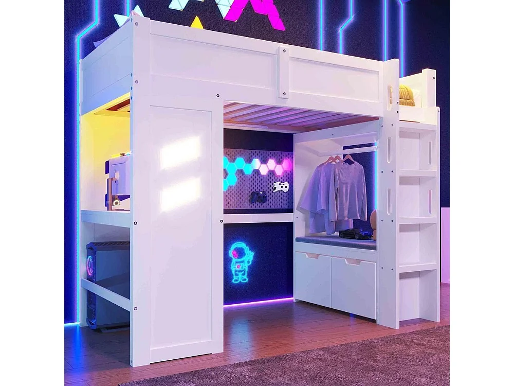 Lit mezzanine 90x200 cm gaming, bureau, LED, USB-C, tiroir, penderie, échelle, bois robuste, pratique, blanc