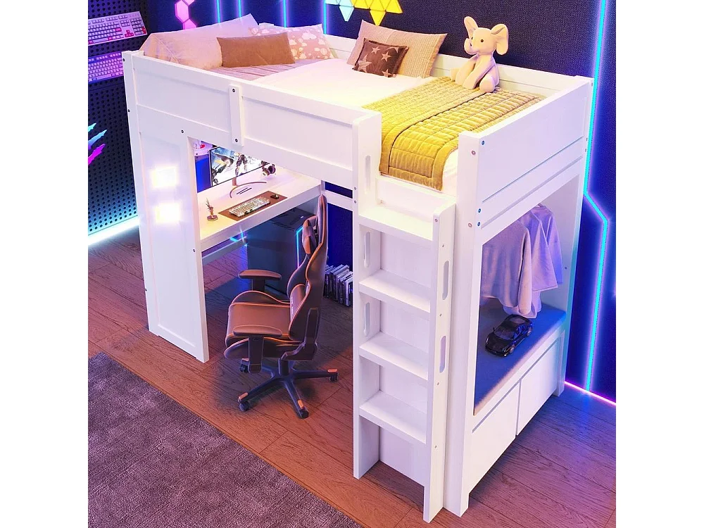 Lit mezzanine 90x200 cm gaming, bureau, LED, USB-C, tiroir, penderie, échelle, bois robuste, pratique, blanc