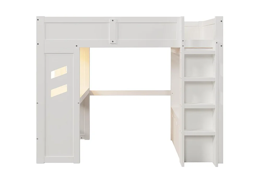 Lit mezzanine 90x200 cm gaming, bureau, LED, USB-C, tiroir, penderie, échelle, bois robuste, pratique, blanc