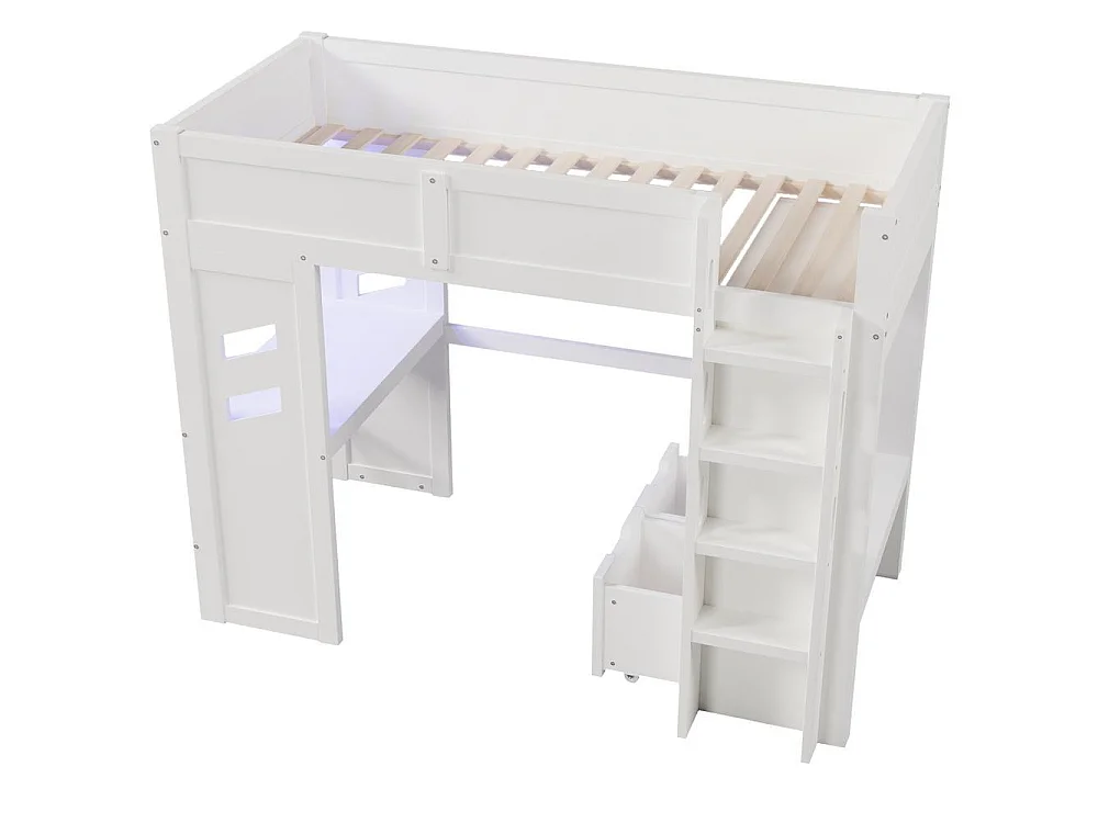 Lit mezzanine 90x200 cm gaming, bureau, LED, USB-C, tiroir, penderie, échelle, bois robuste, pratique, blanc