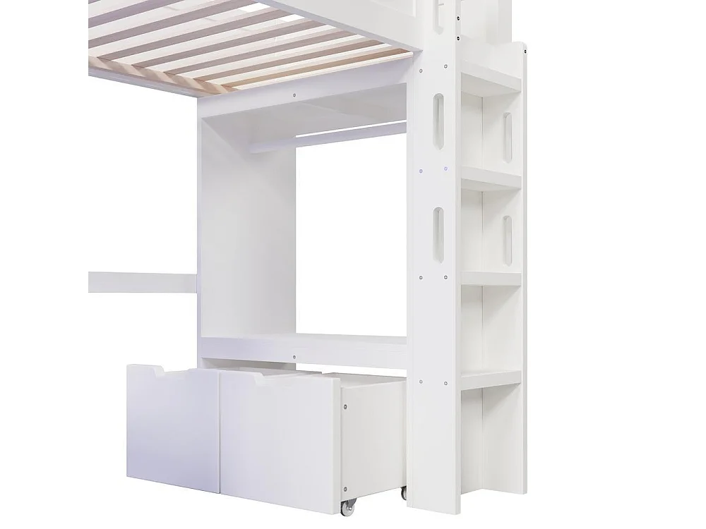 Lit mezzanine 90x200 cm gaming, bureau, LED, USB-C, tiroir, penderie, échelle, bois robuste, pratique, blanc