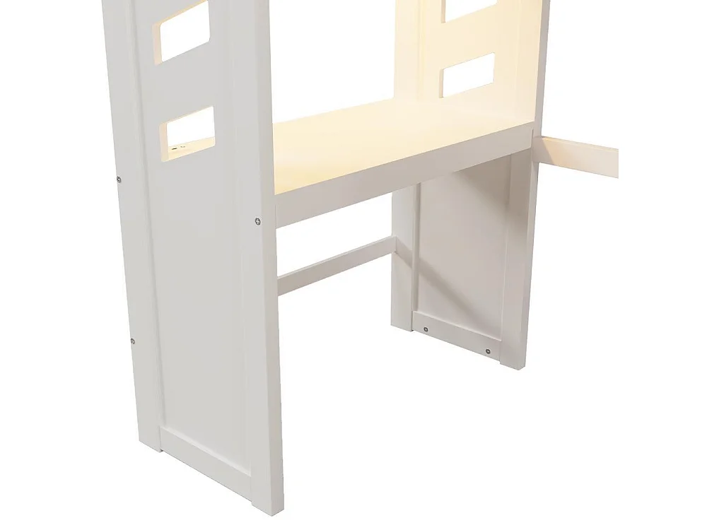 Lit mezzanine 90x200 cm gaming, bureau, LED, USB-C, tiroir, penderie, échelle, bois robuste, pratique, blanc