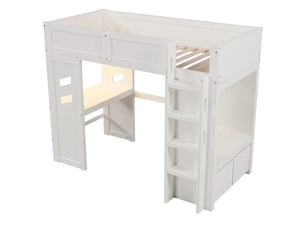 Lit mezzanine 90x200 cm gaming, bureau, LED, USB-C, tiroir, penderie, échelle, bois robuste, pratique, blanc