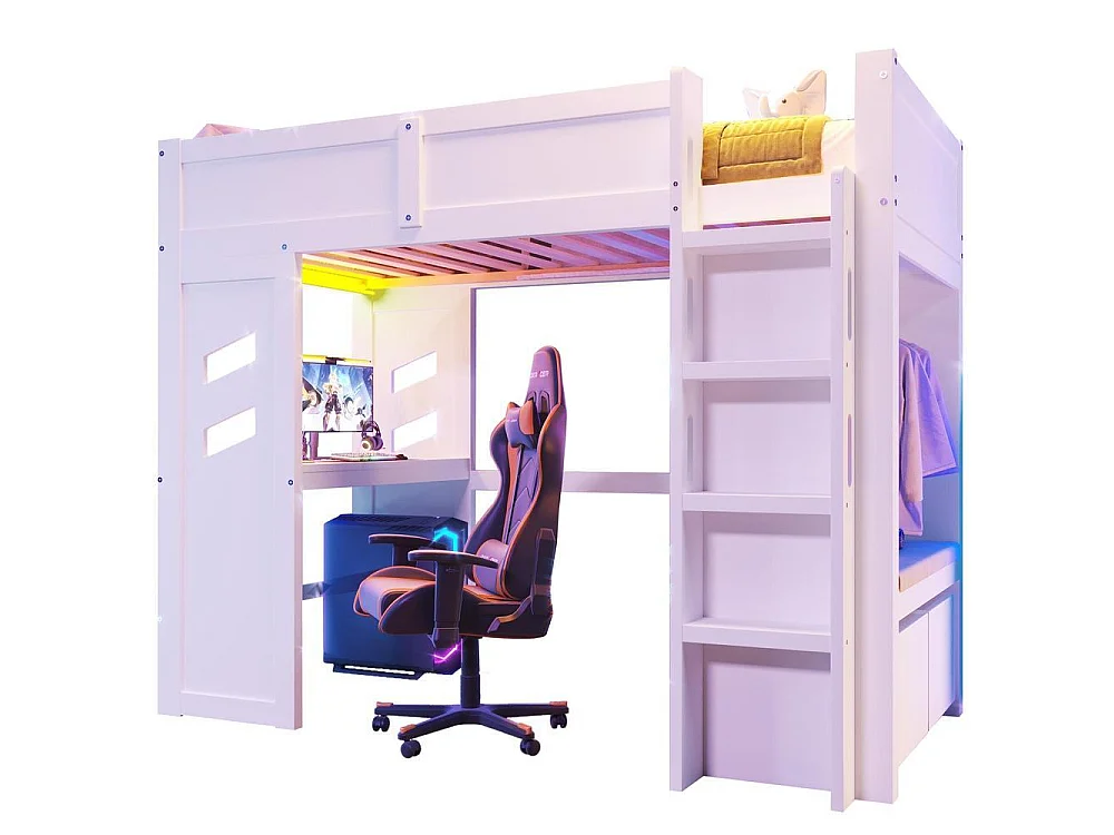 Lit mezzanine 90x200 cm gaming, bureau, LED, USB-C, tiroir, penderie, échelle, bois robuste, pratique, blanc