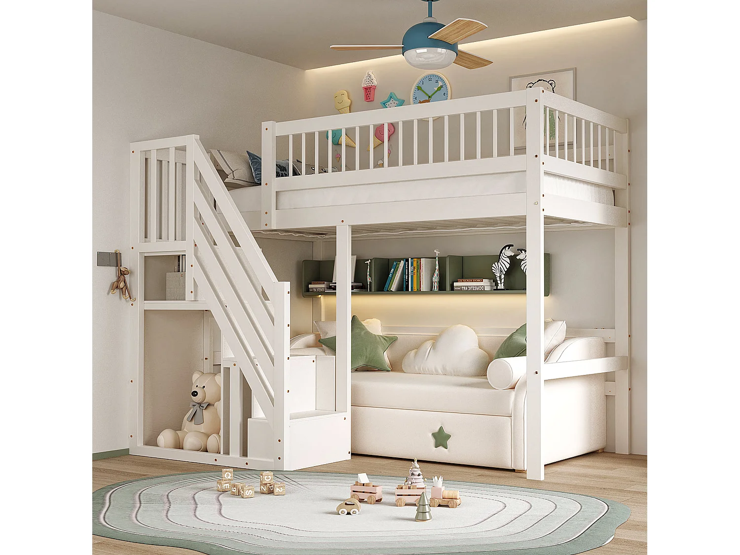 Lit surélevé 90x200 cm blanc en bois massif, avec escalier de rangement, lit enfant et ado, cadre simple sécurisé
